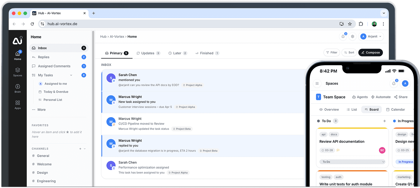 The AI-VORTEX Hub inbox on desktop, with Spaces open on a phone